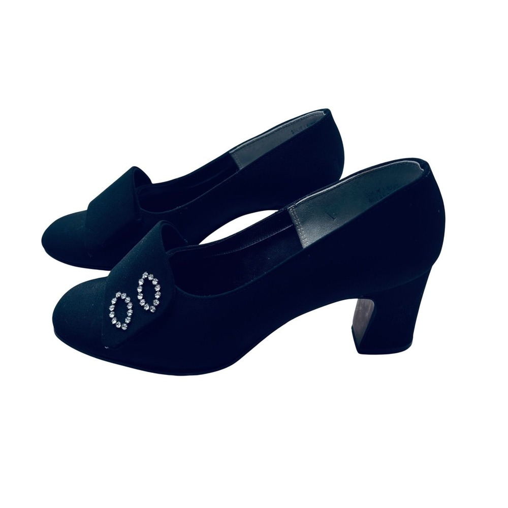 Vintage Black Fabric Block Heel Pumps Rhinestone Buckle Round Toe 7.5M 6028
